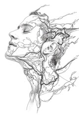Poster - Black and white illustration of a woman's face, perfect for graphic design projects