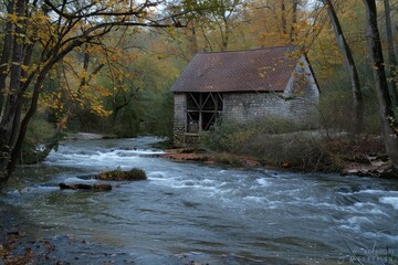 Poster - A small wooden building located next to a peaceful river. Suitable for various outdoor themes
