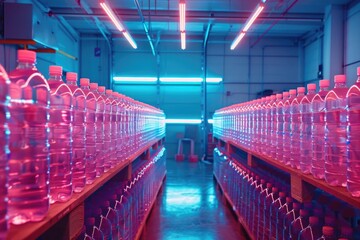 Poster - Row of bottled water in a warehouse, suitable for beverage industry promotions