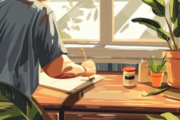Poster - A man sitting at a desk writing on a piece of paper. Suitable for business and education concepts