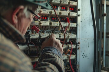 Poster - A man is seen working on an electrical panel. Suitable for industrial and electrical maintenance concepts