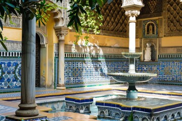 Poster - A fountain in the middle of a tiled courtyard, suitable for architectural projects