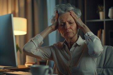 Poster - A woman looking overwhelmed while working on a computer. Suitable for illustrating stress at work