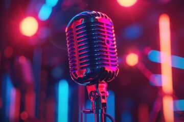 Poster - Close up of a microphone on a stand, suitable for music or podcasting concepts