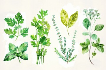 Poster - Assorted herbs displayed on a white background. Ideal for culinary and health-related projects