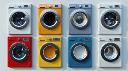 Wall Mural - A variety of different colored washing machines displayed on a wall. Perfect for appliance stores or laundry service advertisements