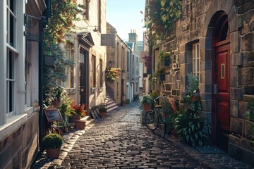 Poster - An image of a narrow cobblestone street with a striking red door. Perfect for architectural and urban themes