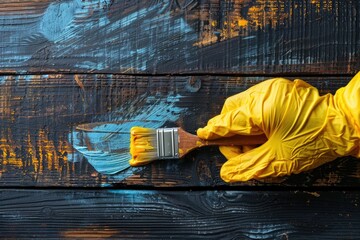 Wall Mural - A person in yellow gloves holding a paint brush. Ideal for creative projects