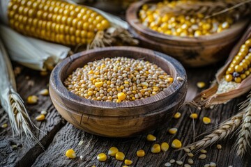 Poster - A wooden bowl filled with grains of corn, ideal for agricultural and cooking concepts