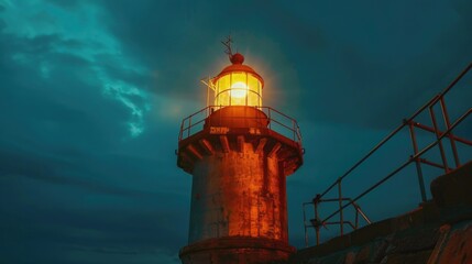 Poster - A lighthouse shining brightly on a cloudy night, perfect for adding a beacon of light to your design projects