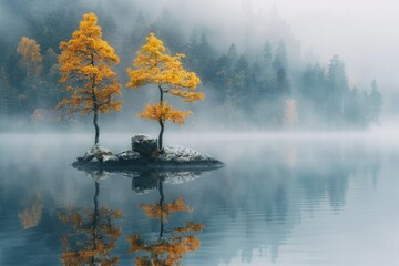 Poster - Two trees growing on a rock in the middle of a serene lake. Ideal for nature and landscape concepts