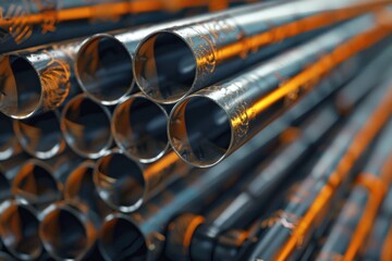 Poster - A bunch of metal pipes stacked on top of each other. Suitable for industrial concepts