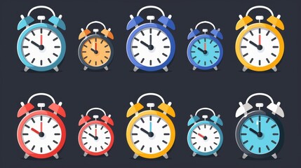 Poster - Nine different colored alarm clocks, perfect for time management concepts