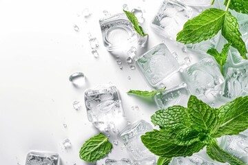 Poster - Fresh ice cubes and mint leaves on a clean white background. Perfect for summer drink concepts