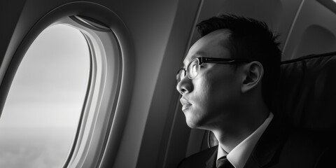 Poster - Man in a suit and tie looking out an airplane window. Suitable for business and travel concepts