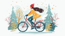 Girl Riding A Bike In Winter. Cute Vector Illustration