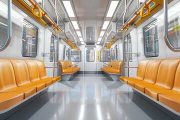 Poster - An empty subway car with bright orange seats. Suitable for transportation concepts