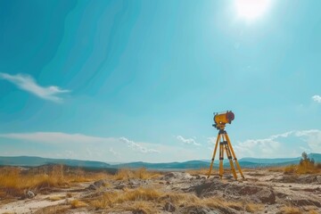 Aufkleber - A camera mounted on a tripod in a vast desert landscape. Ideal for travel and technology concepts