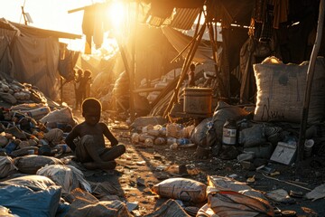 Poster - A boy sitting on the ground in front of a pile of garbage. Suitable for environmental and pollution concepts