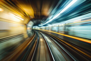 Poster - Blurry image of a train going through a tunnel. Suitable for transportation concepts