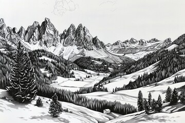 Poster - Black and white drawing of a mountain range. Suitable for various design projects