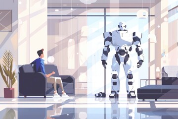 Poster - A man sitting on a couch next to a robot. Suitable for technology concept