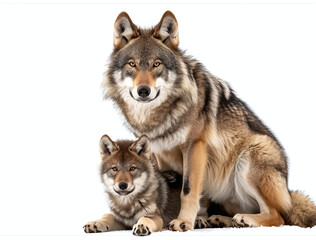 A mature wolf and a young wolf pup sitting together, isolated on a white background.