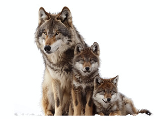 A family of wolves, featuring an adult and two cubs, isolated on a white background.