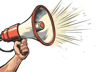 Poster - A hand holding a red and white megaphone, suitable for announcements and promotions
