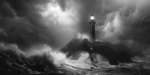 Poster - A dramatic black and white photo of a lighthouse surrounded by crashing waves. Perfect for marine and coastal themes