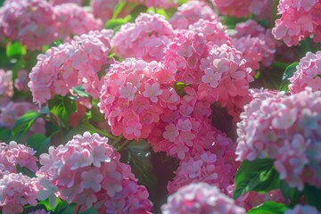 Poster - Vibrant pink flowers with lush green leaves, perfect for nature backgrounds