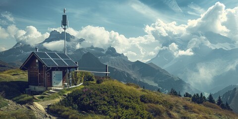Poster - A small cabin perched on a hill with stunning mountain scenery. Ideal for travel and nature concepts