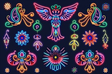 Aufkleber - A collection of neon signs featuring angels and flowers. Ideal for advertising and decoration purposes