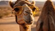 A camel with yellow sunglasses in the desert