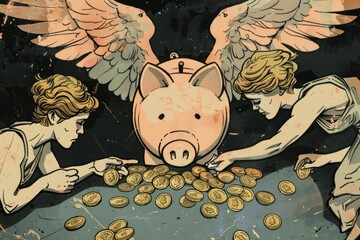 Poster - A piggy bank with angel wings surrounded by shiny gold coins. Ideal for financial concepts and savings goals