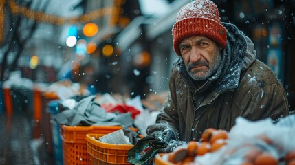 In a snowy urban market, an elderly homeless man in a red hat searches through bins for food amidst falling snow, conveying a poignant winter hardship.