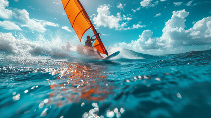 Dynamic image of an adventurous male windsurfer using a bright orange windsurfing wing and a sleek hydrofoil board on the vibrant blue ocean.