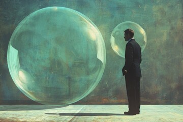 Poster - A man standing in front of a giant bubble, perfect for a variety of concepts and designs