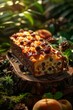 b'Close-up of a delicious cake with berries and peaches on a wooden table surrounded by nature'