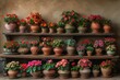 b'An arrangement of various flowers in pots on wooden shelves against a stone wall background'