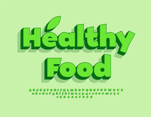 Wall Mural - Vector lifestyle concept Healthy Food with decorative Leaf. 3D trendy Font. Green Alphabet Letters and Numbers set.