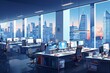 b'Illustration of an empty office at night with a view of the city'
