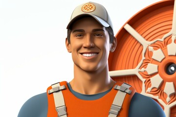 Poster - b'Smiling man wearing an orange life vest and a white hat with an orange logo'