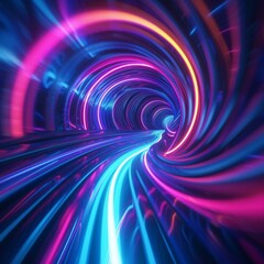 Canvas Print - b'Glowing neon tunnel of blue and purple lights'