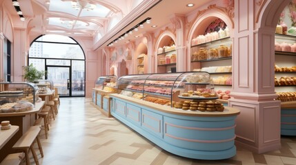 Canvas Print - b'An illustration of a bakery with pink walls and blue counters'