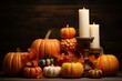 b'A beautiful still life of pumpkins and gourds with candles on a wooden table'