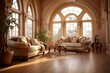 b'Elegant living room interior with large windows and a sitting area'
