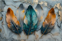 Three Panel Wall Art, Golden Ring With Feathers And Butterflies, Blue Gray Color Scheme, Marble Background