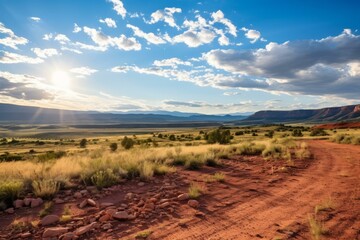 Canvas Print - b'A dirt road winds through a vast prairie landscape under a big blue sky'