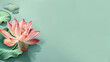 Illustration of a pink lotus flower with leaves from the left on a turquoise background, side view, copy space